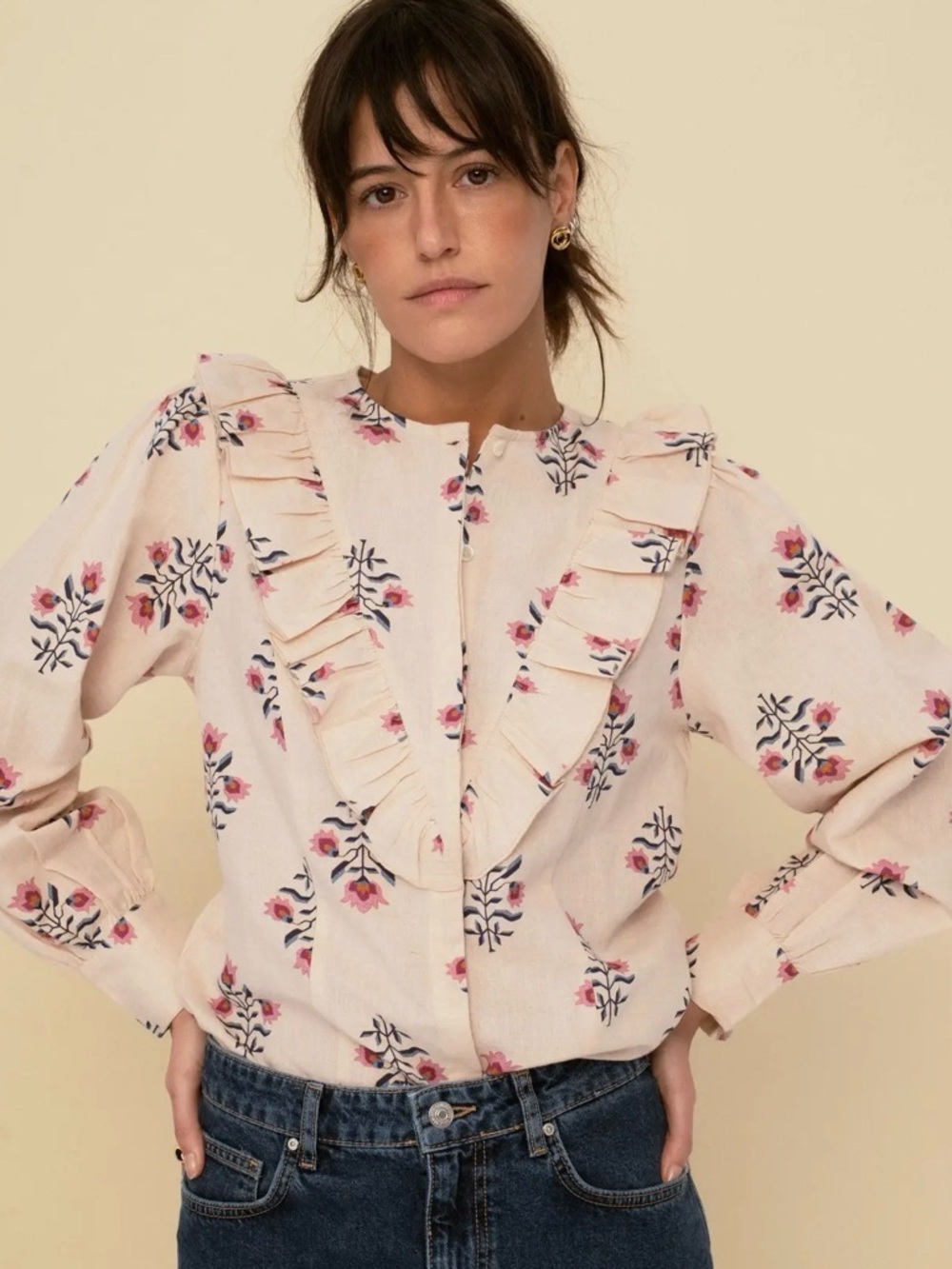 Sonmer Organic Cotton block print Ruffle Sarah blouse NWT
